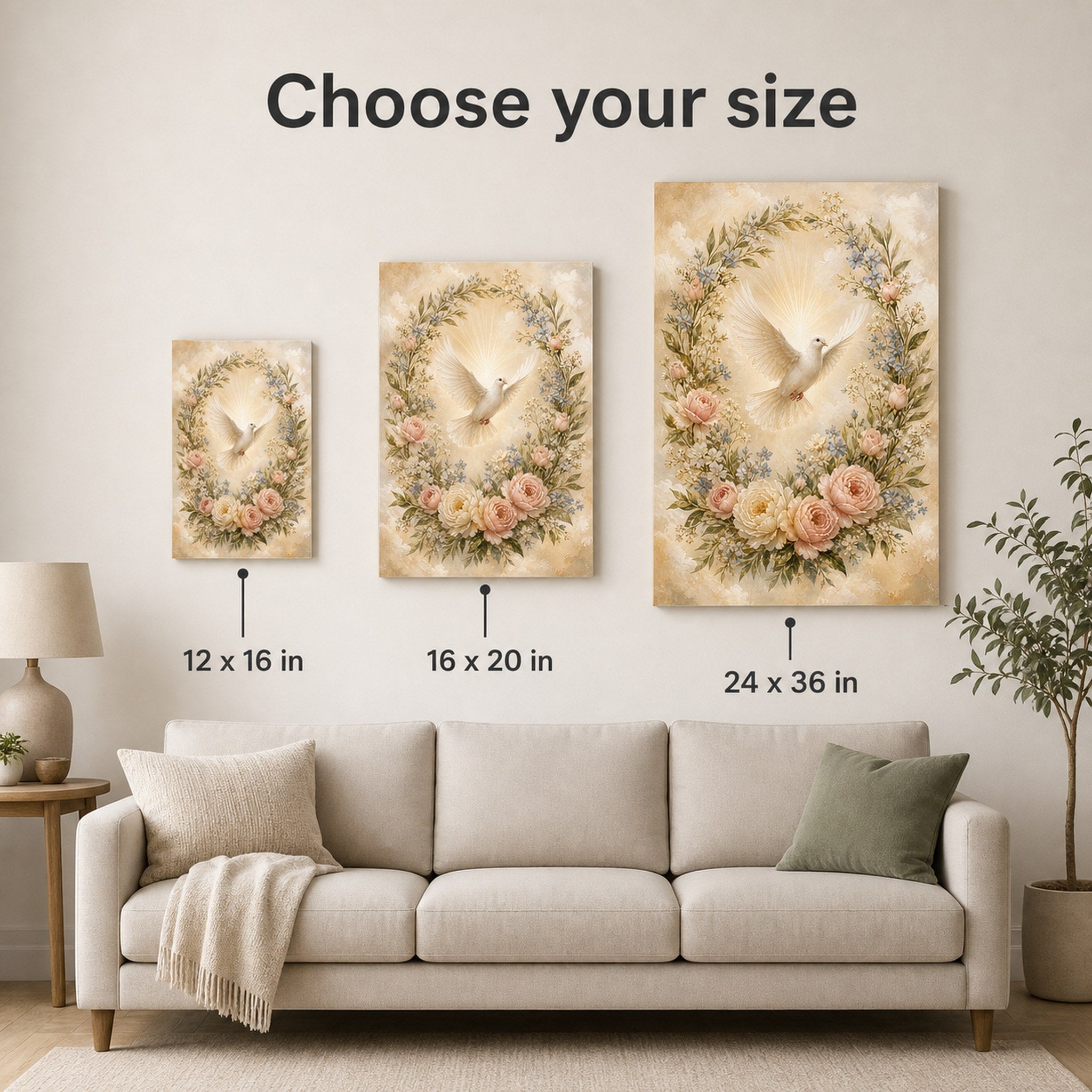 Christian canvas wall art of a luminous white dove descending through a wreath of pink and white roses.