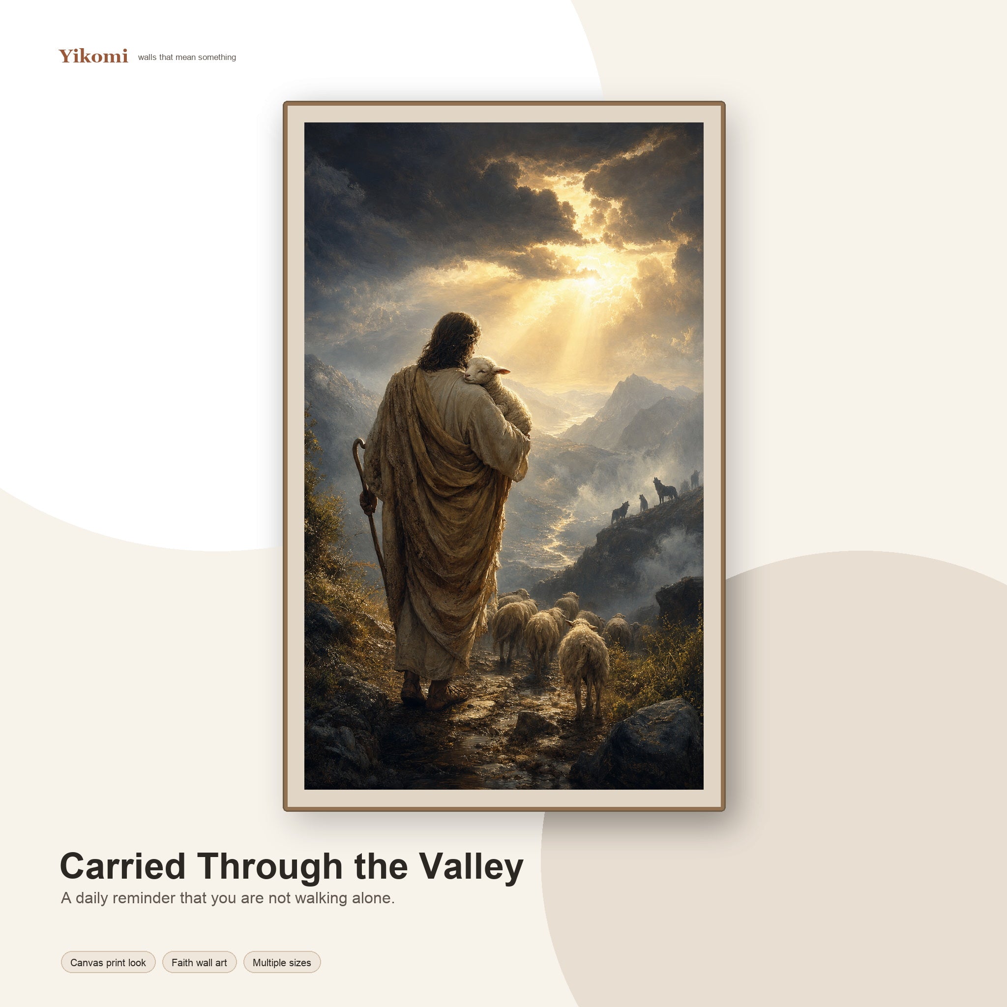Christian wall art of a gentle shepherd walking through a golden mountain valley with sheep