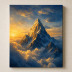 Mountain wall art of a snow-capped peak rising above golden clouds at sunrise
