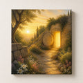 Christian wall art of warm sunrise light glowing through a stone garden archway onto a path