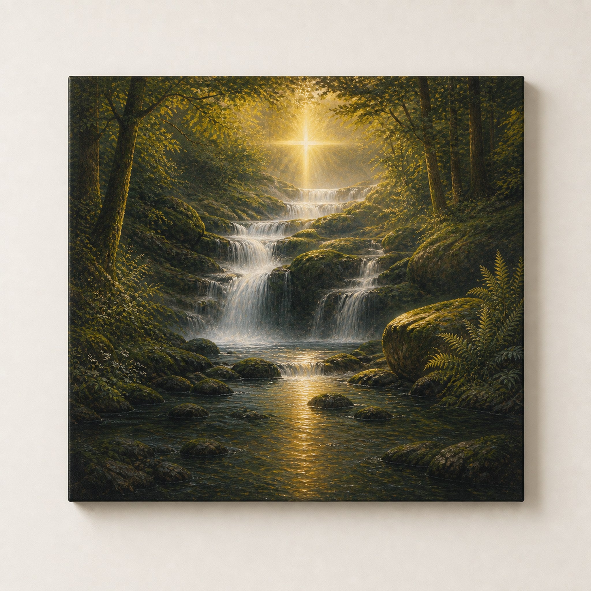 Christian wall art of a forest waterfall with a golden beam of light through the trees