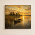 Christian landscape wall art of a small boat on a calm golden lake at sunset