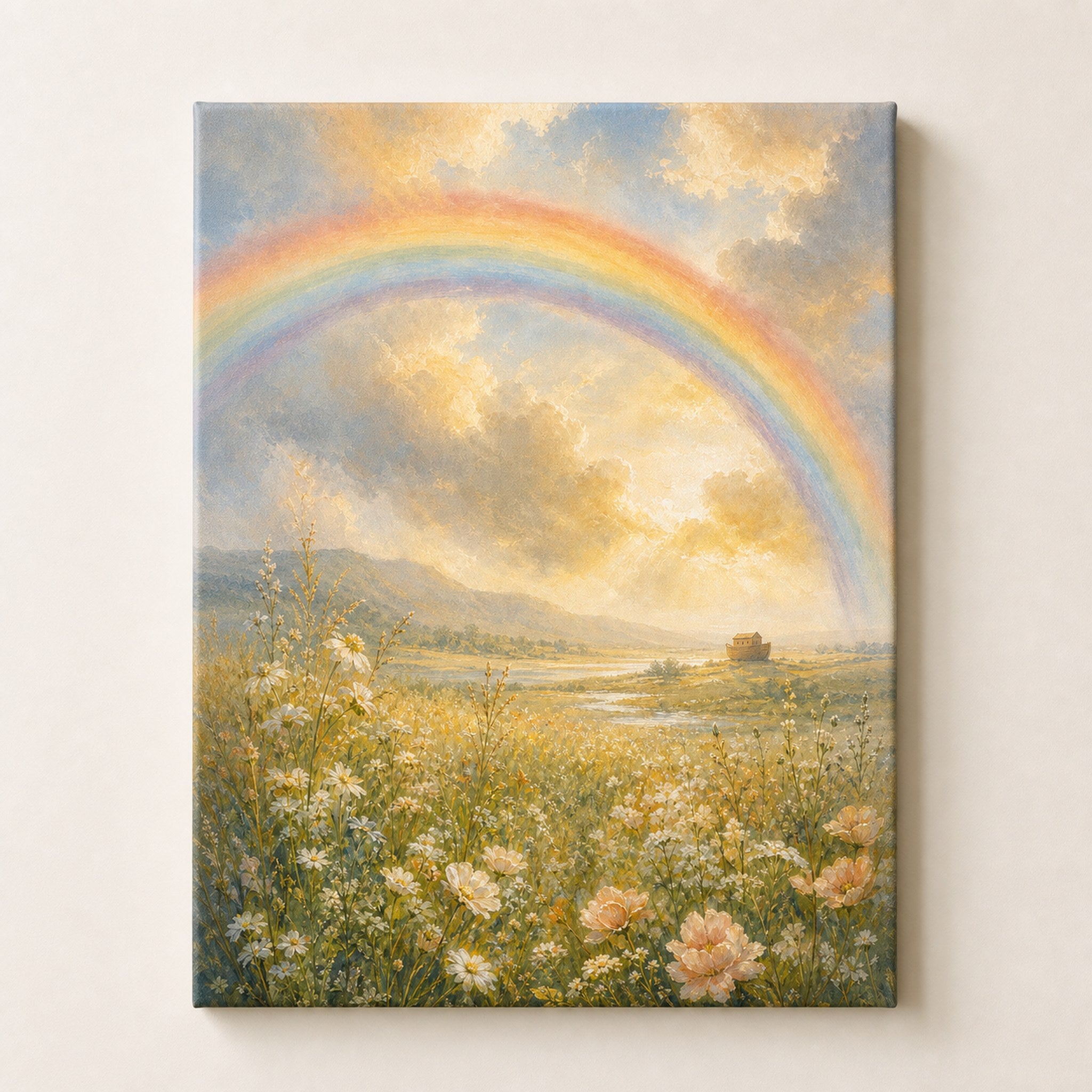 Christian wall art of a soft rainbow over a peaceful wildflower valley