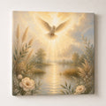 Christian wall art of a luminous white dove descending over calm water in soft light