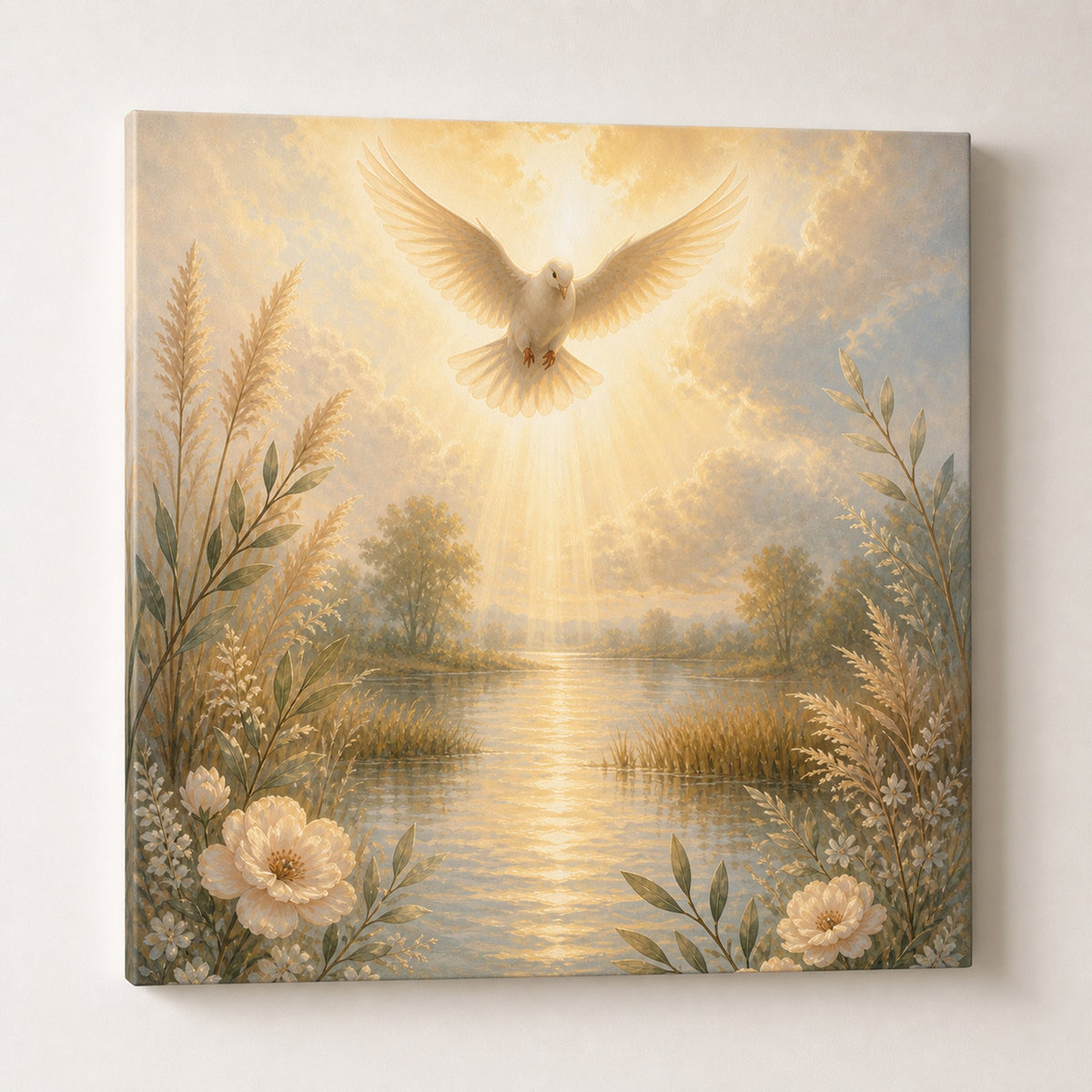 Christian wall art of a luminous white dove descending over calm water in soft light