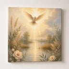 Christian wall art of a luminous white dove descending over calm water in soft light