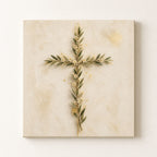 Minimal Christian cross wall art made from olive branches and white flowers on warm ivory