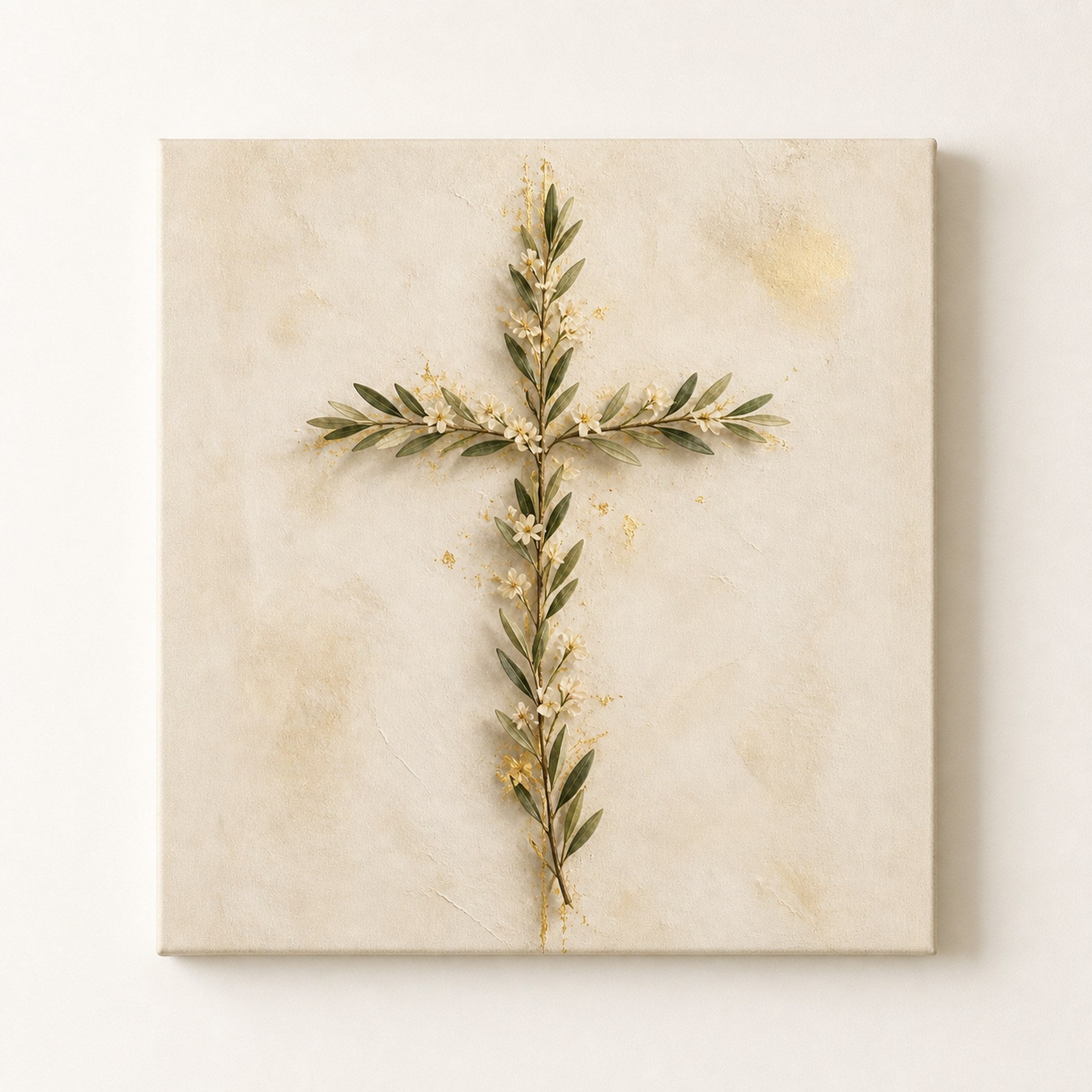 Minimal Christian cross wall art made from olive branches and white flowers on warm ivory