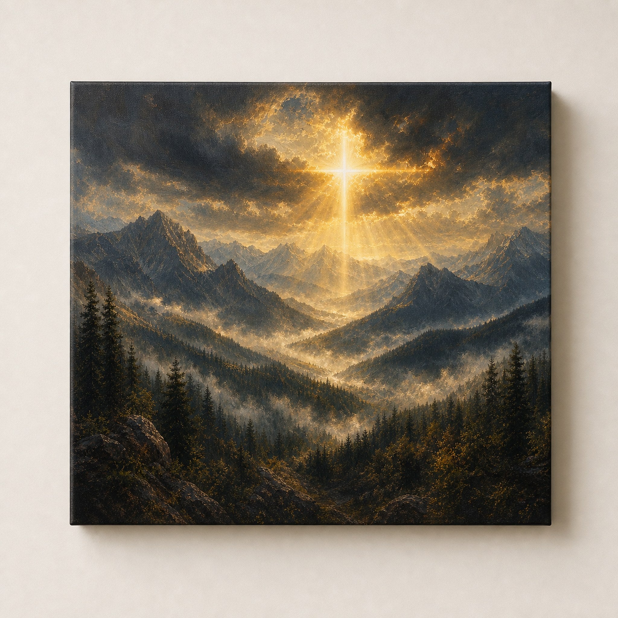 Christian wall art of golden cross-shaped light over a misty mountain valley at sunrise