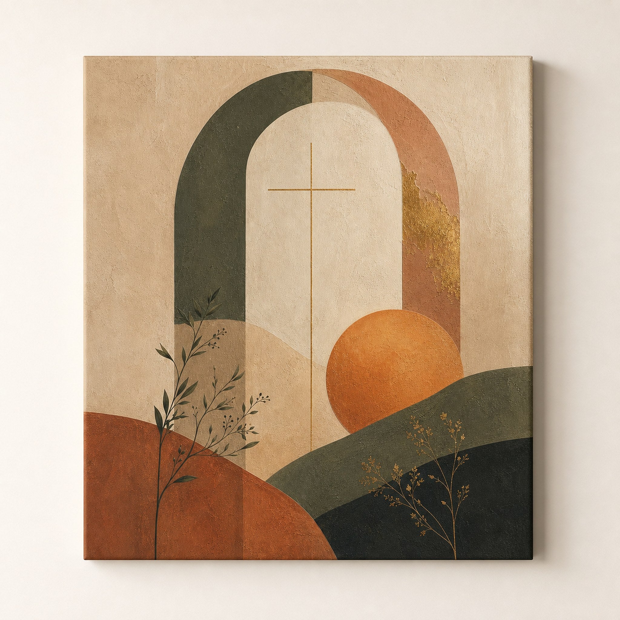 Modern abstract Christian wall art with an arch and slender cross in sage, terracotta and cream