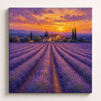 Impressionist wall art of lavender rows leading to a farmhouse under a violet dusk sky