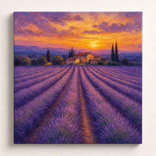 Impressionist wall art of lavender rows leading to a farmhouse under a violet dusk sky