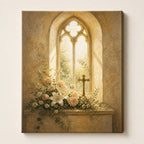 Christian wall art of an arched church window with soft light, white flowers and a small cross