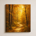 Forest wall art of a winding path through a golden backlit autumn wood