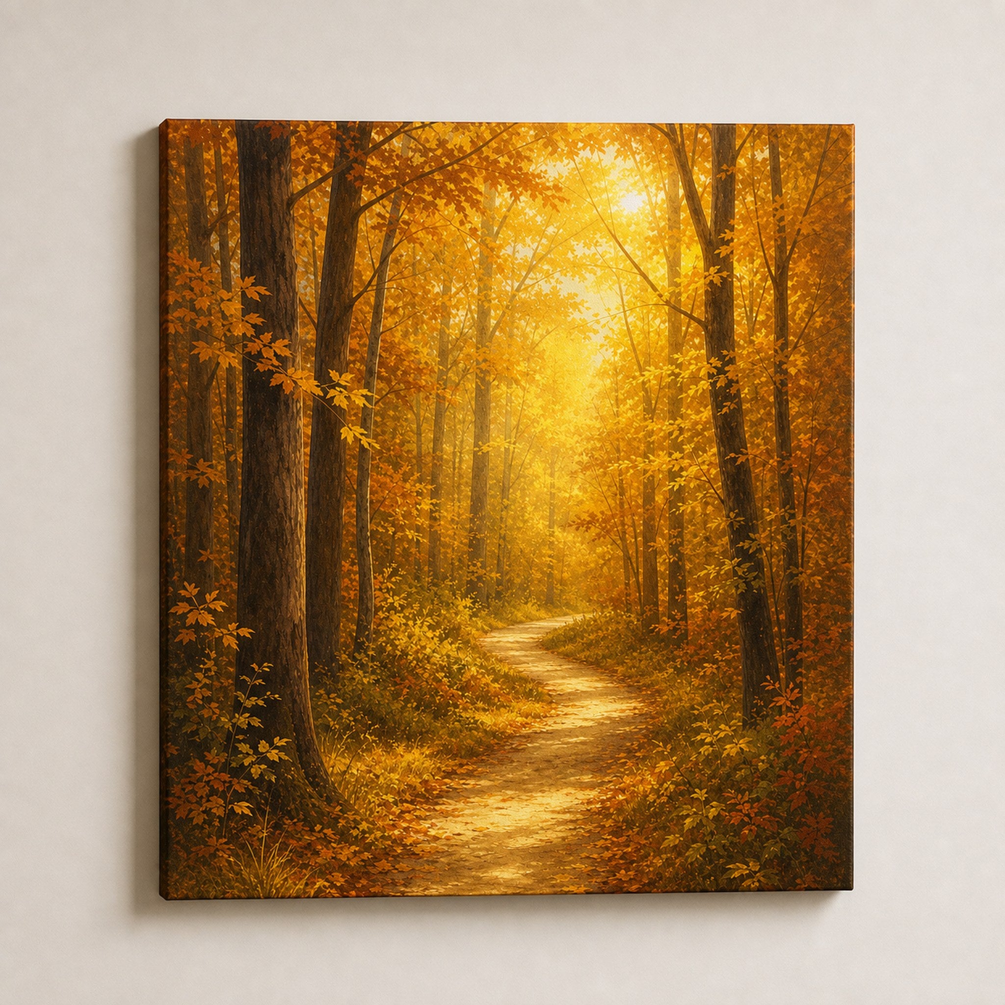 Forest wall art of a winding path through a golden backlit autumn wood
