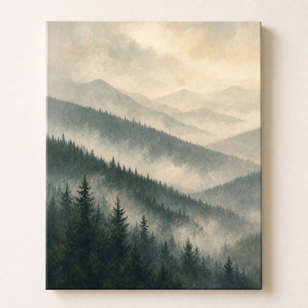 Landscape wall art of layered pine forest ridges fading into pale mist