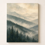 Landscape wall art of layered pine forest ridges fading into pale mist