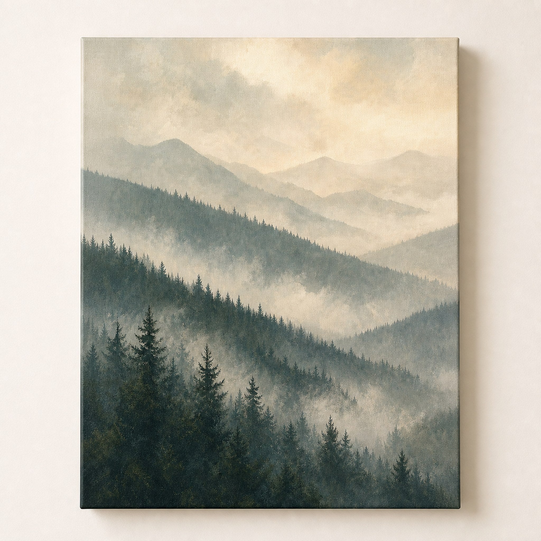 Landscape wall art of layered pine forest ridges fading into pale mist