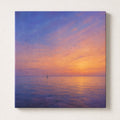 Coastal wall art of a calm ocean horizon at dusk with a distant sailboat