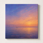 Coastal wall art of a calm ocean horizon at dusk with a distant sailboat