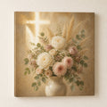 Christian floral wall art with soft roses, eucalyptus and a glowing cross in warm light