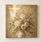 Christian floral wall art with soft roses, eucalyptus and a glowing cross in warm light