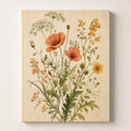 Vintage botanical wall art of poppies, cow parsley and yellow daisies on aged ivory