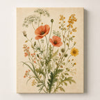 Vintage botanical wall art of poppies, cow parsley and yellow daisies on aged ivory