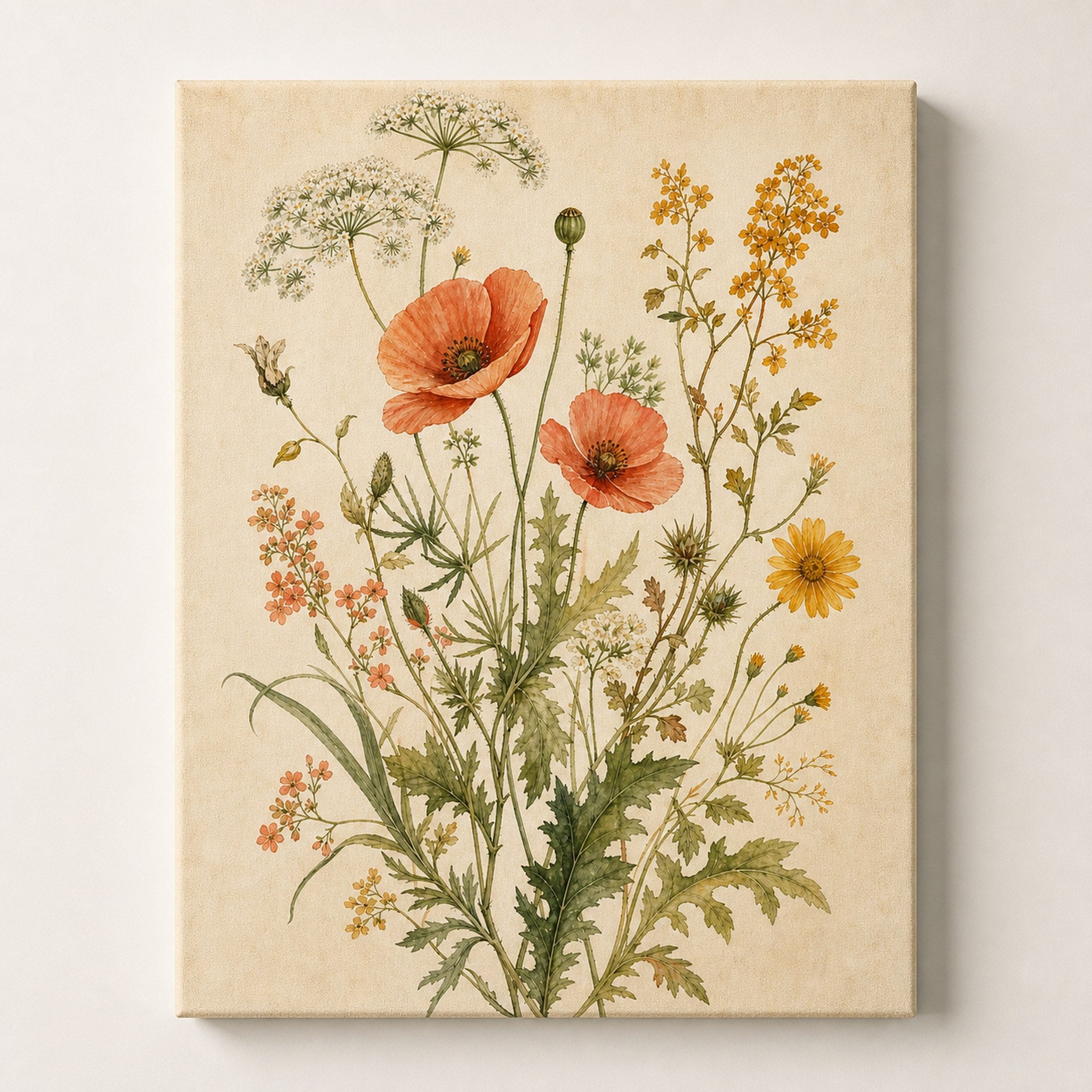 Vintage botanical wall art of poppies, cow parsley and yellow daisies on aged ivory