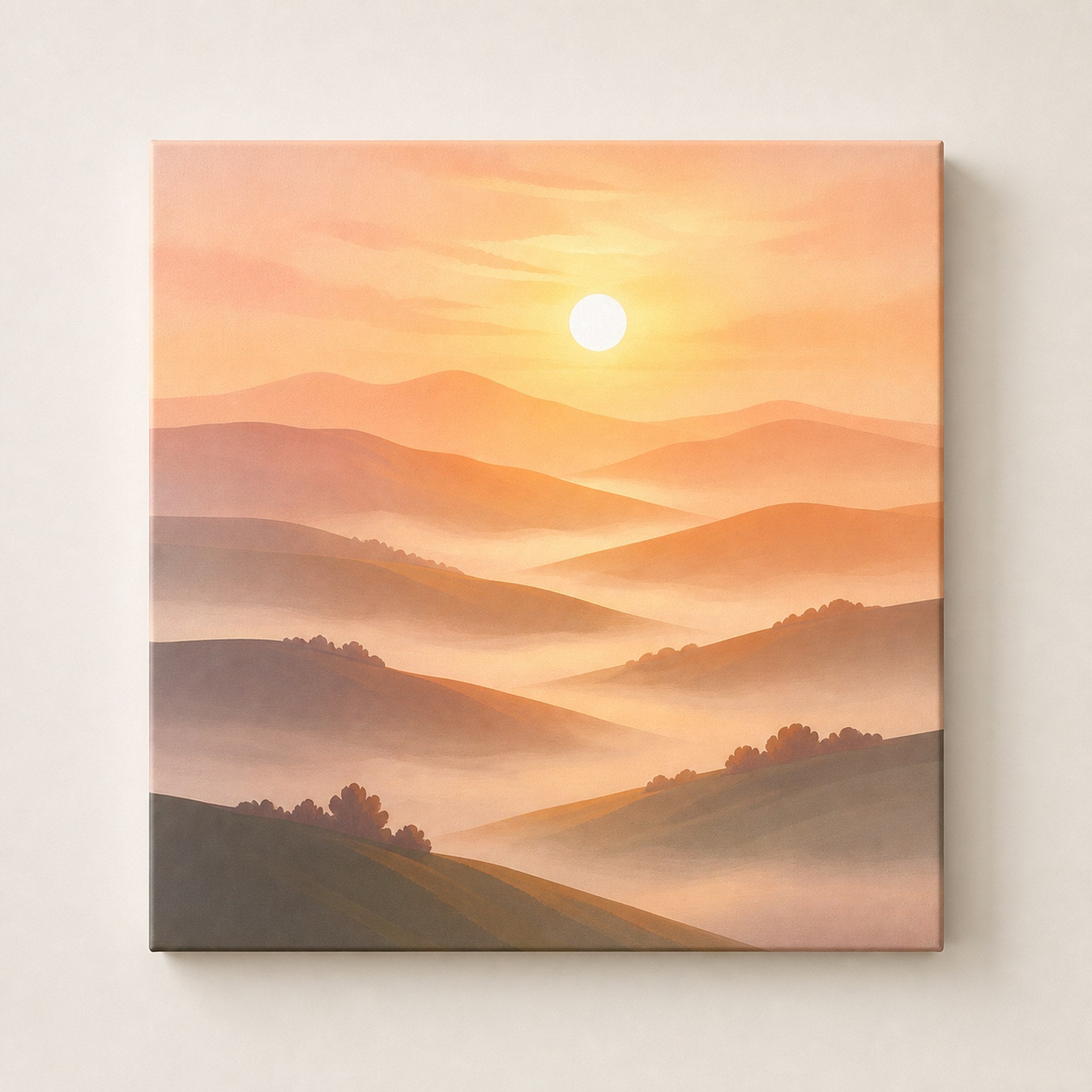 Minimalist wall art of layered misty hills under a rising sun in peach and rose tones