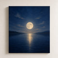 Bedroom wall art of a full moon reflected on a still lake at night