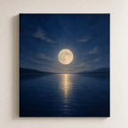 Bedroom wall art of a full moon reflected on a still lake at night