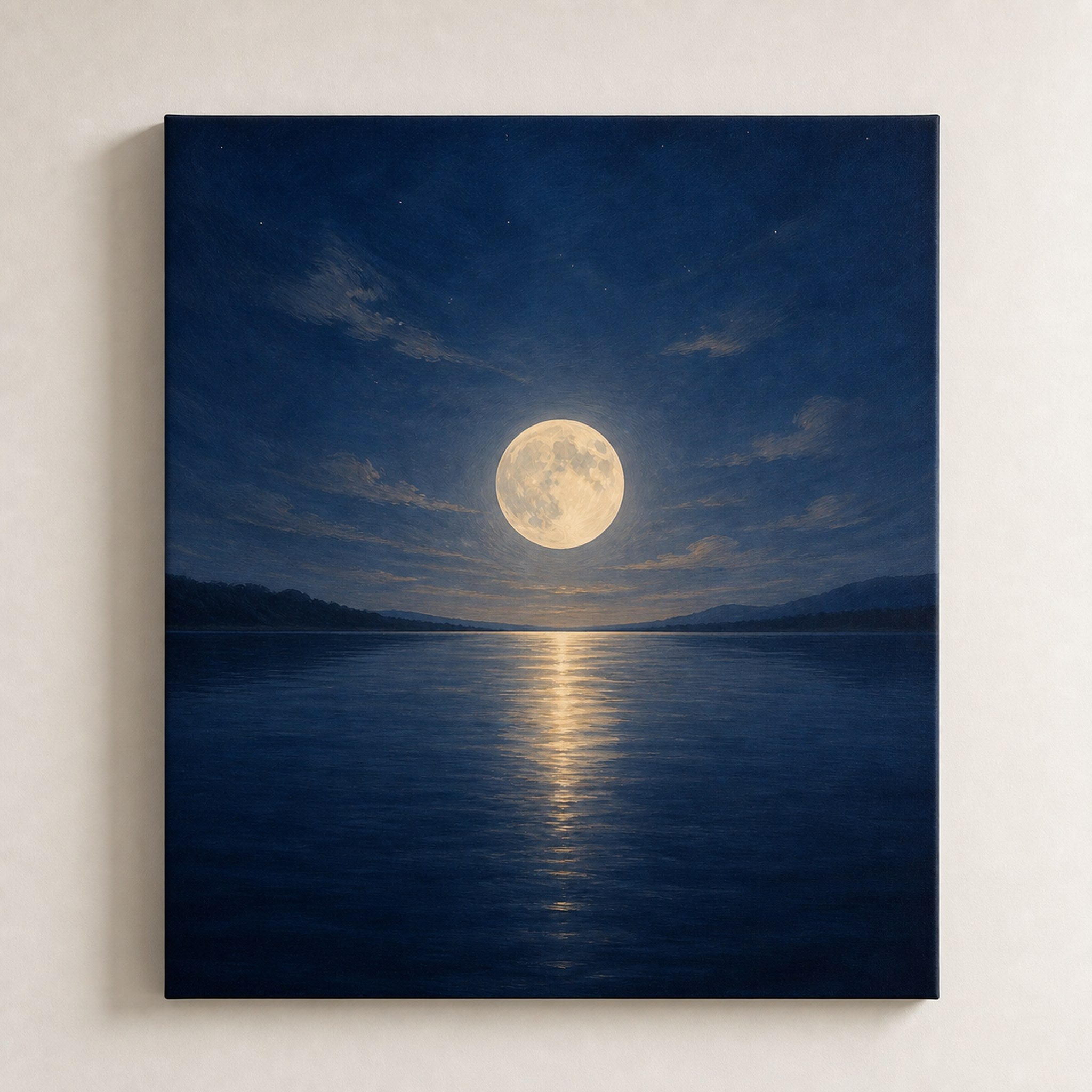 Bedroom wall art of a full moon reflected on a still lake at night