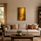 Golden Autumn Forest Path Wall Art - hanging above a sofa in a warm living room