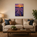 Lavender field at dusk wall art - hanging above a sofa in a warm living room