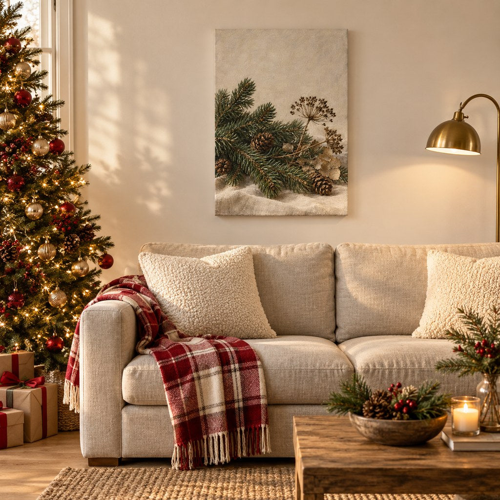 Evergreen and Pinecones on Linen Christmas Wall Art