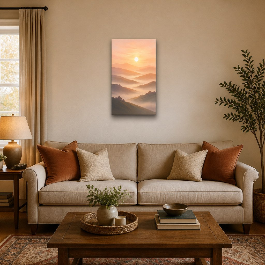 Sunrise Over Hills Minimalist Wall Art - hanging above a sofa in a warm living room