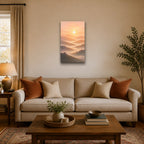 Sunrise Over Hills Minimalist Wall Art - hanging above a sofa in a warm living room
