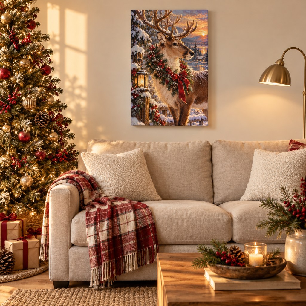 Reindeer with Berry Wreath and Lantern Christmas Wall Art