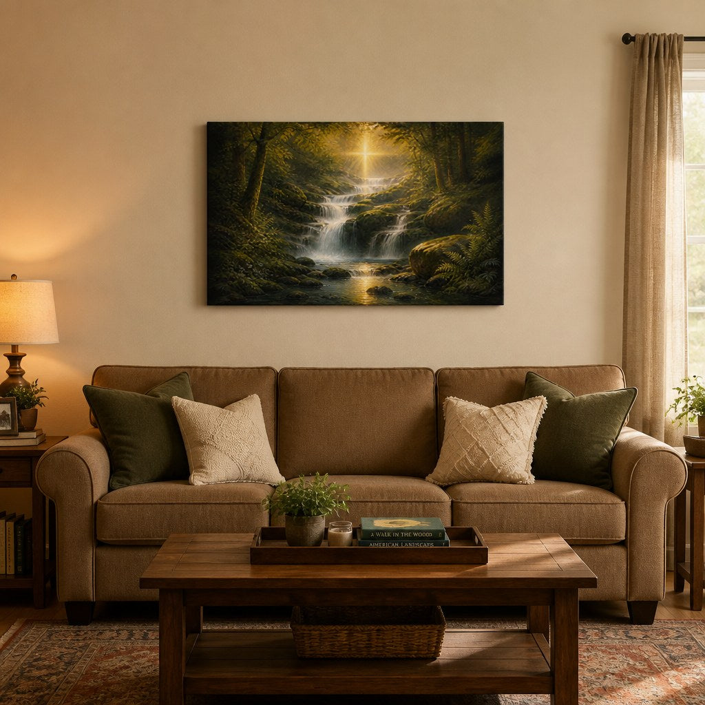 Living Water Christian Wall Art - hanging above a sofa in a warm living room