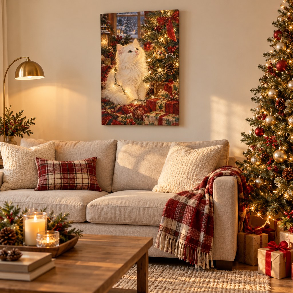 White Cat and Christmas Lights Wall Art