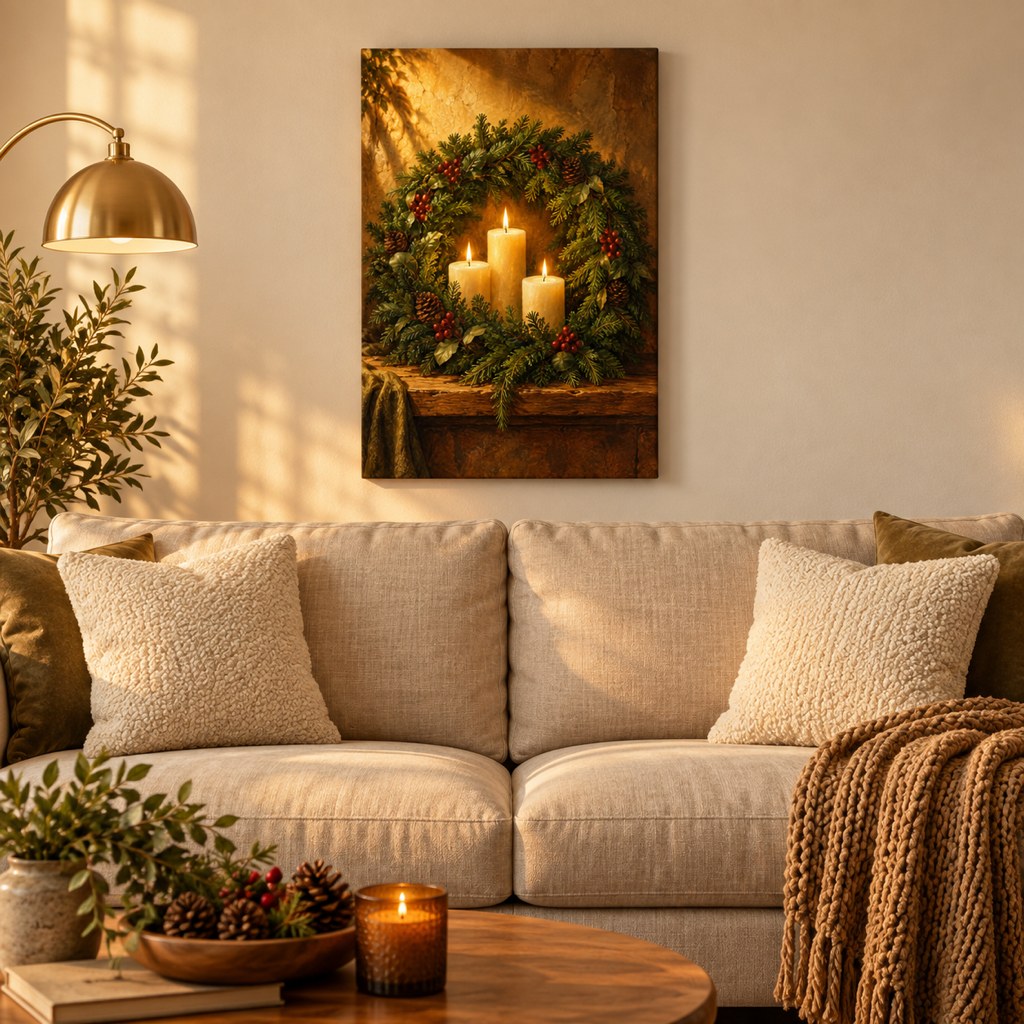 Evergreen Wreath Candlelight Wall Art