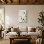 Minimalist Eucalyptus Wall Art - hanging above a sofa in a warm living room