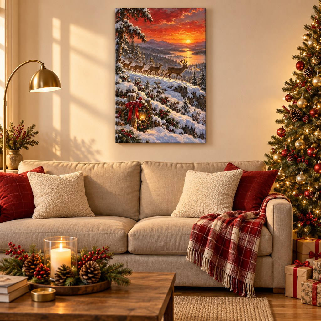 Deer on the Sunset Ridge Christmas Wall Art