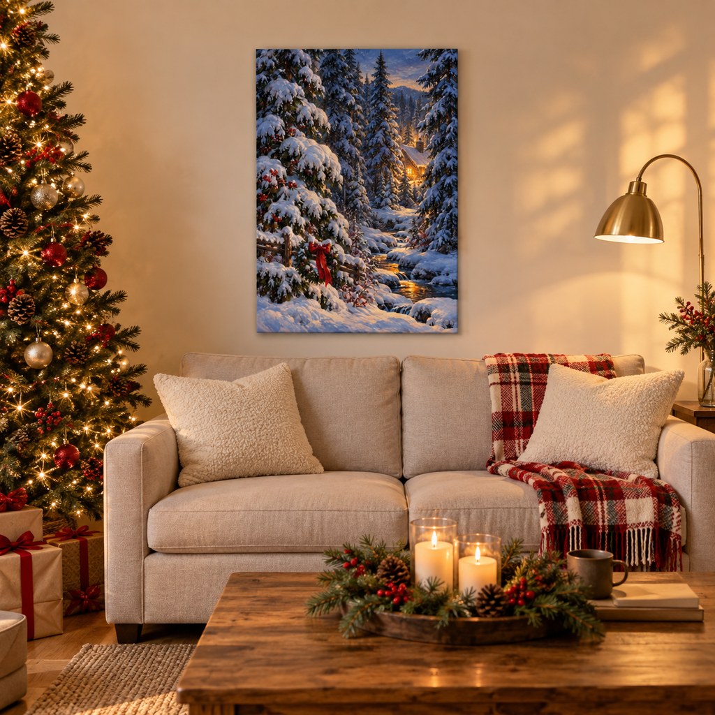 Snowy Pines and Warm Window Christmas Wall Art