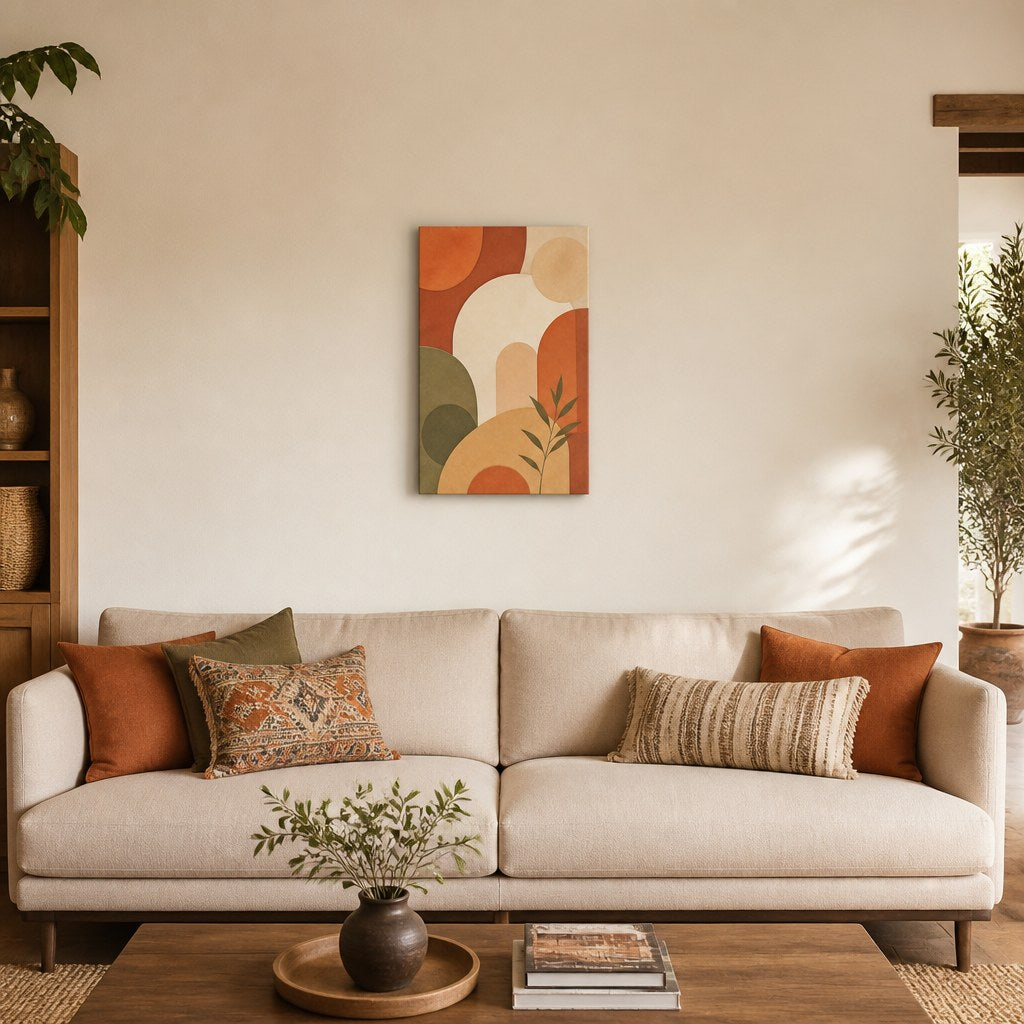 Terracotta Arches Boho Abstract Wall Art - hanging above a sofa in a warm living room
