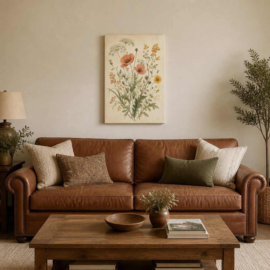 Vintage Wildflower Botanical Wall Art - hanging above a sofa in a warm living room
