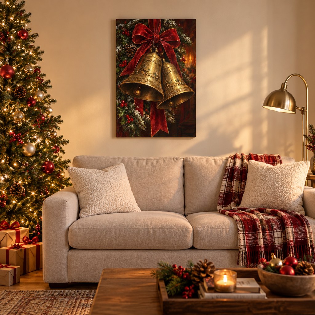 Brass Bells and Red Ribbon Christmas Wall Art