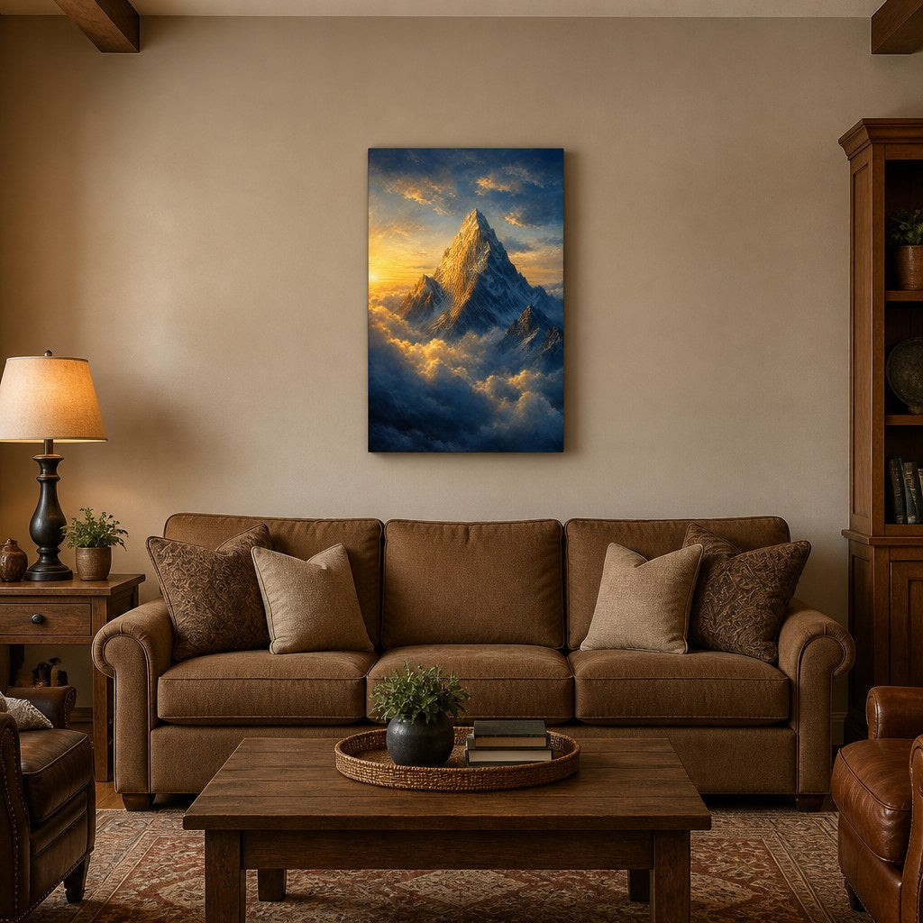 Mountain Peak Above the Clouds Wall Art - hanging above a sofa in a warm living room