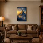 Mountain Peak Above the Clouds Wall Art - hanging above a sofa in a warm living room